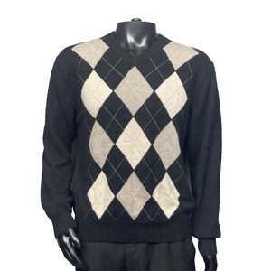 Allen Solly Men Large 100% Cashmere Argyle Sweater Black Neutrals Classic Preppy